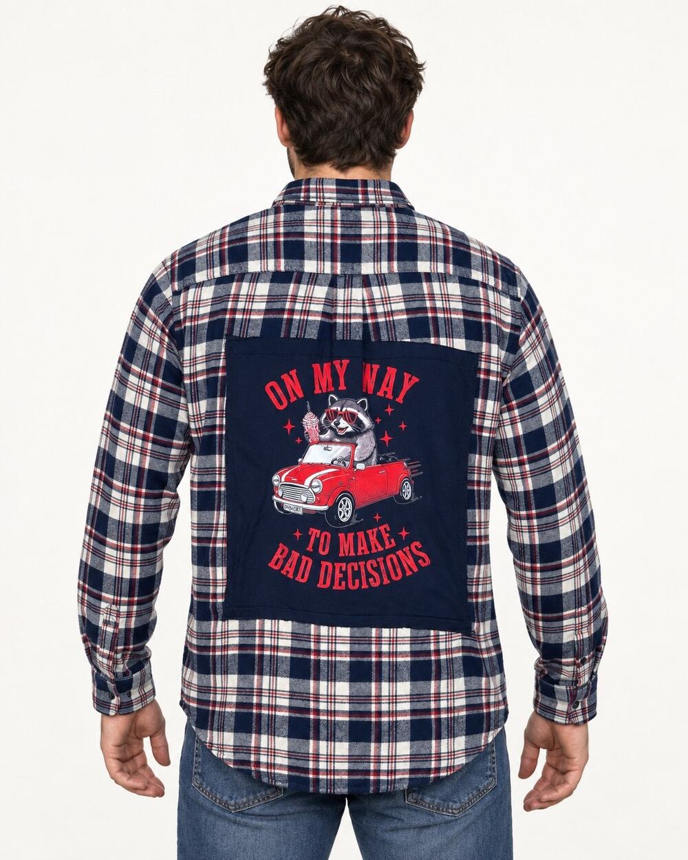 Upcycled Croft & Barrow Res Blue Plaid Shirt Men’s Medium Raccoon Graphic Back